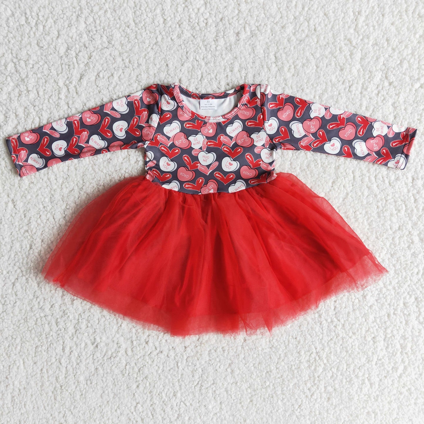 Girls Valentine's Day Loving Heart Red Tulle Dress Long Sleeves