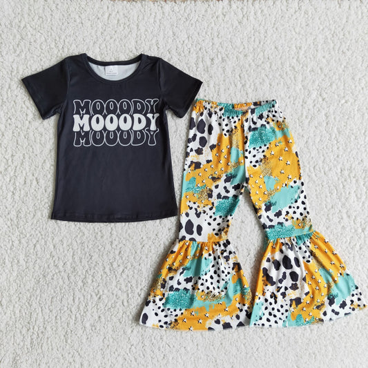 Girls Moody Outfits Short Sleeves Bell Bottom Pants