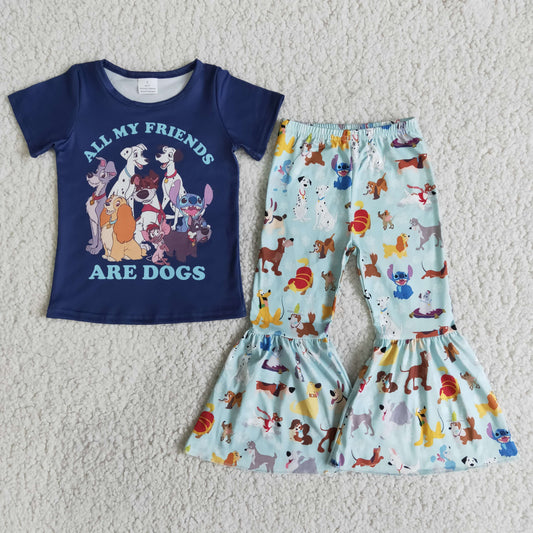 Girls All My Friends Are Dogs Outfits Short Sleeves Blue Pants