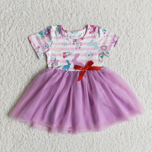 Girls Easter Bunny Purple Tulle Dress Short Sleeves