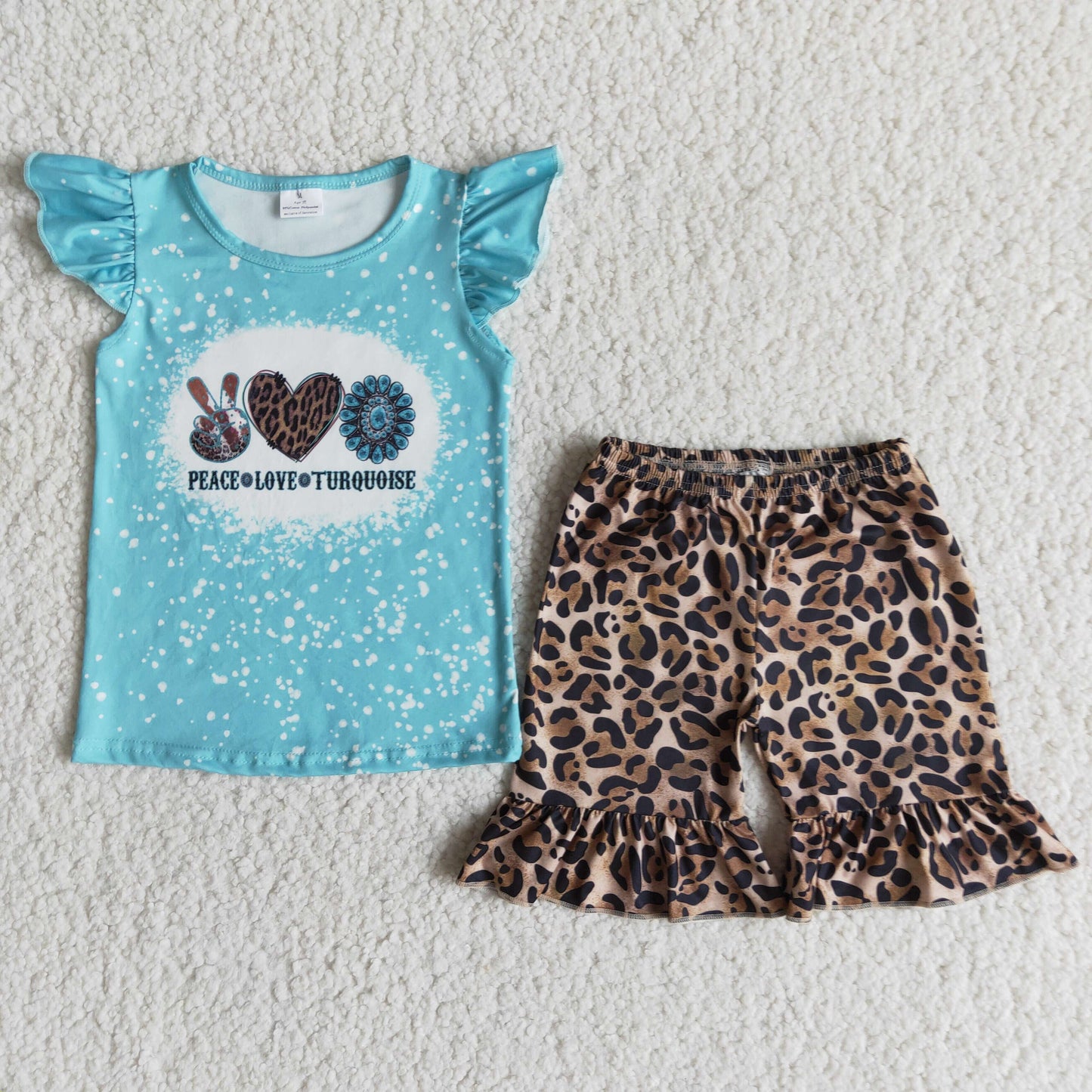 Girls Peace Love Turquoise Outfits Short Sleeves Leopard Shorts