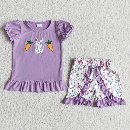 Girls Easter Bunny Embroidery Outfits Short Sleeves Purple Shorts