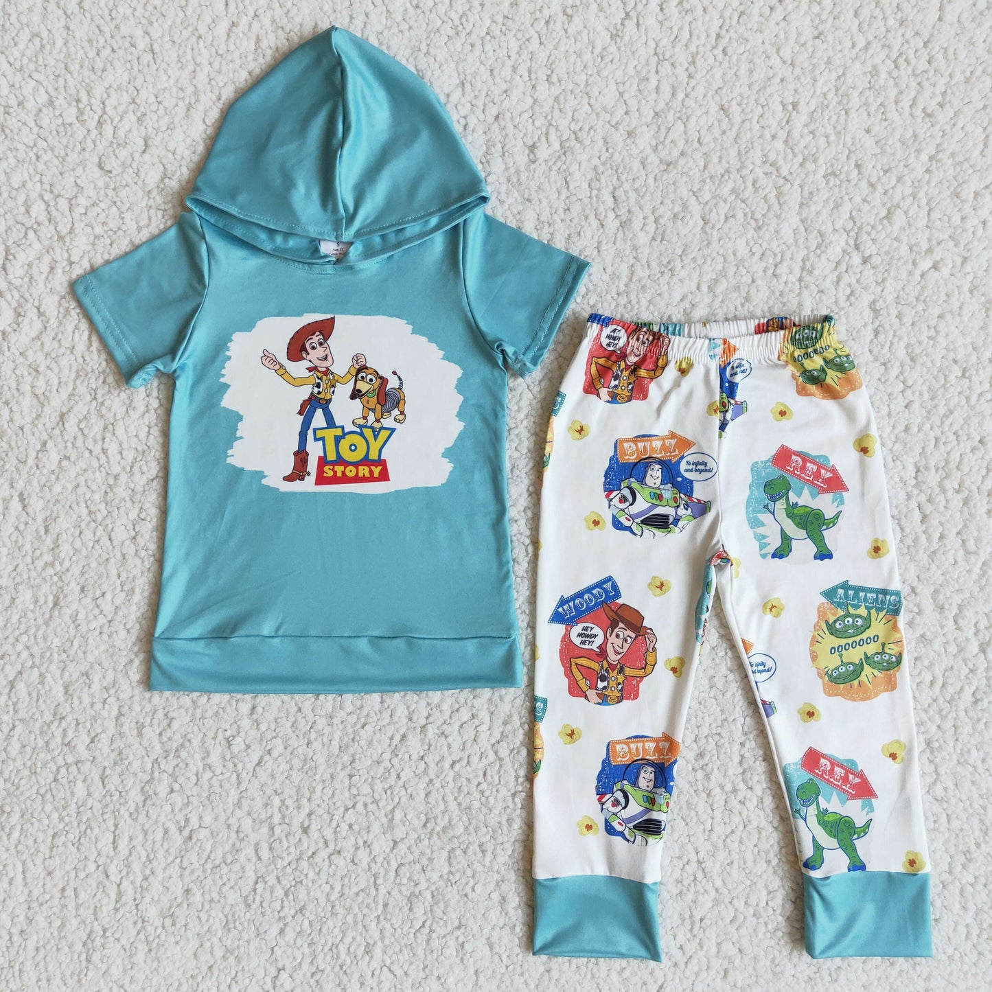 Boys Cartoon Outfits Short Sleeves Hoodies Blue Pants