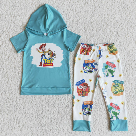 Boys Cartoon Outfits Short Sleeves Hoodies Blue Pants