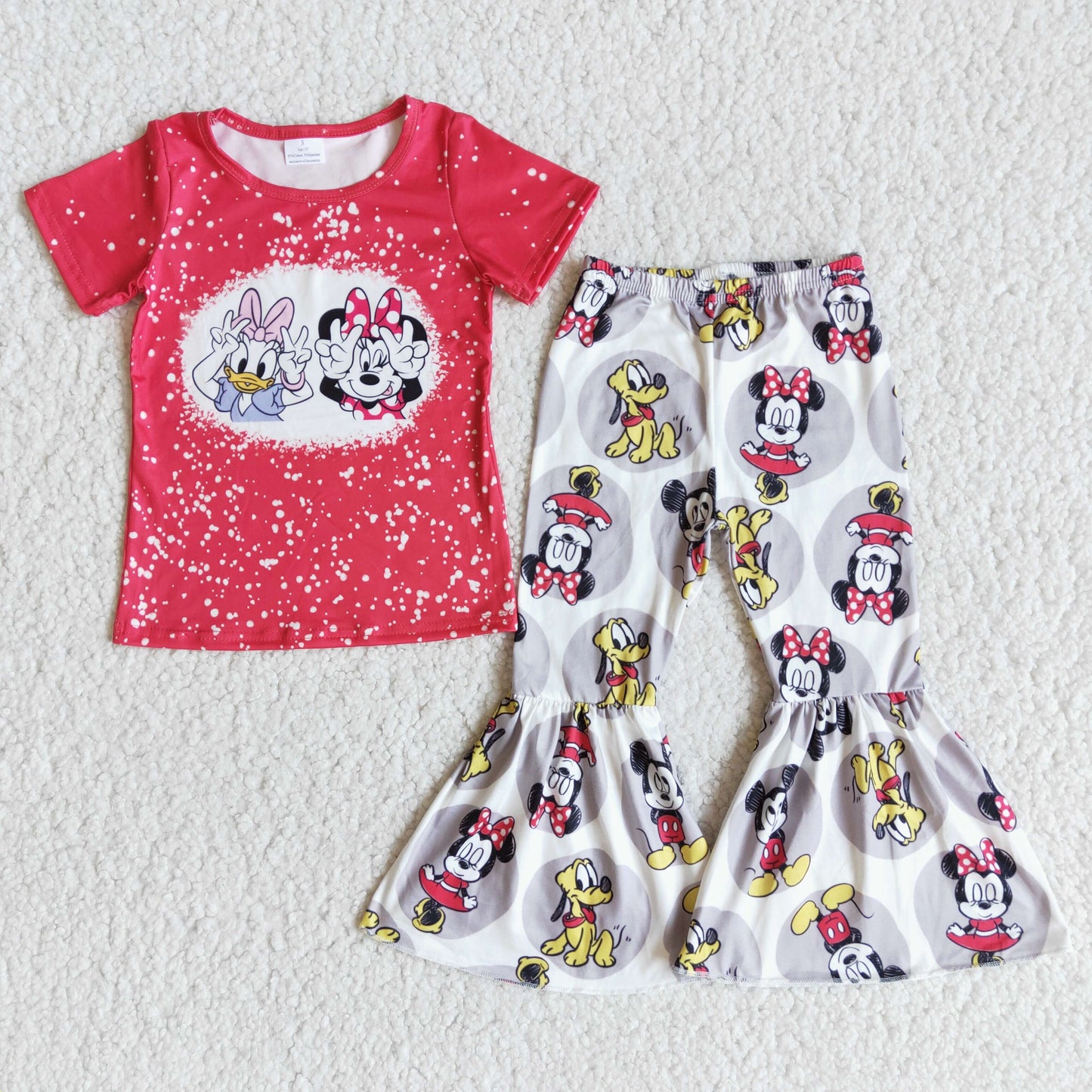 Girls Cartoon Red Outfits Short Sleeves Bell Bottom Pants