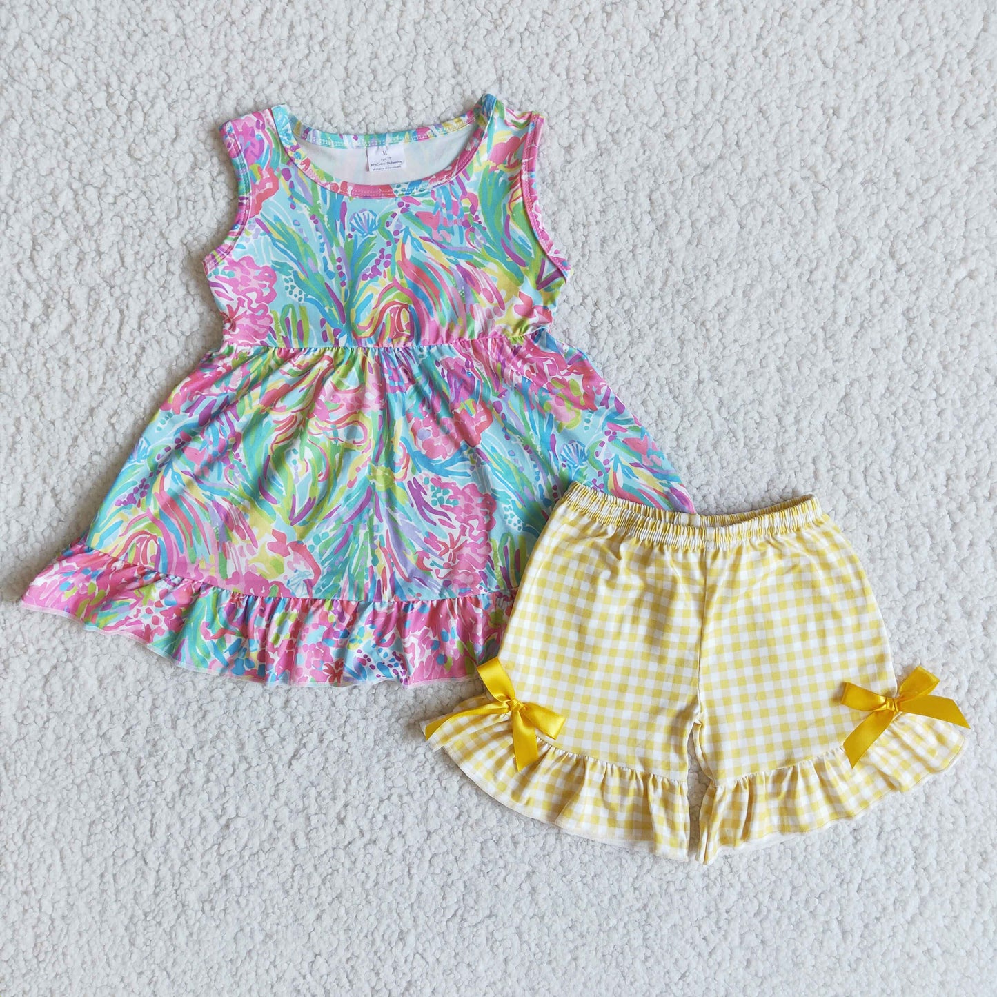 Girls Colorful Outfits Sleeveless Yellow Plaid Shorts