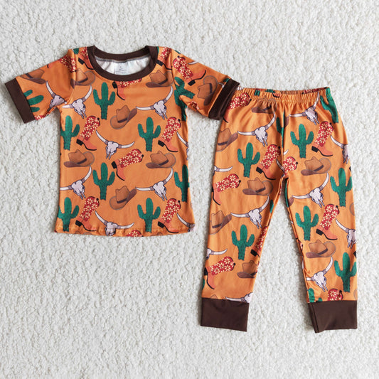 Boys Cow Cactus Pajamas Short Sleeves Joggers Brown