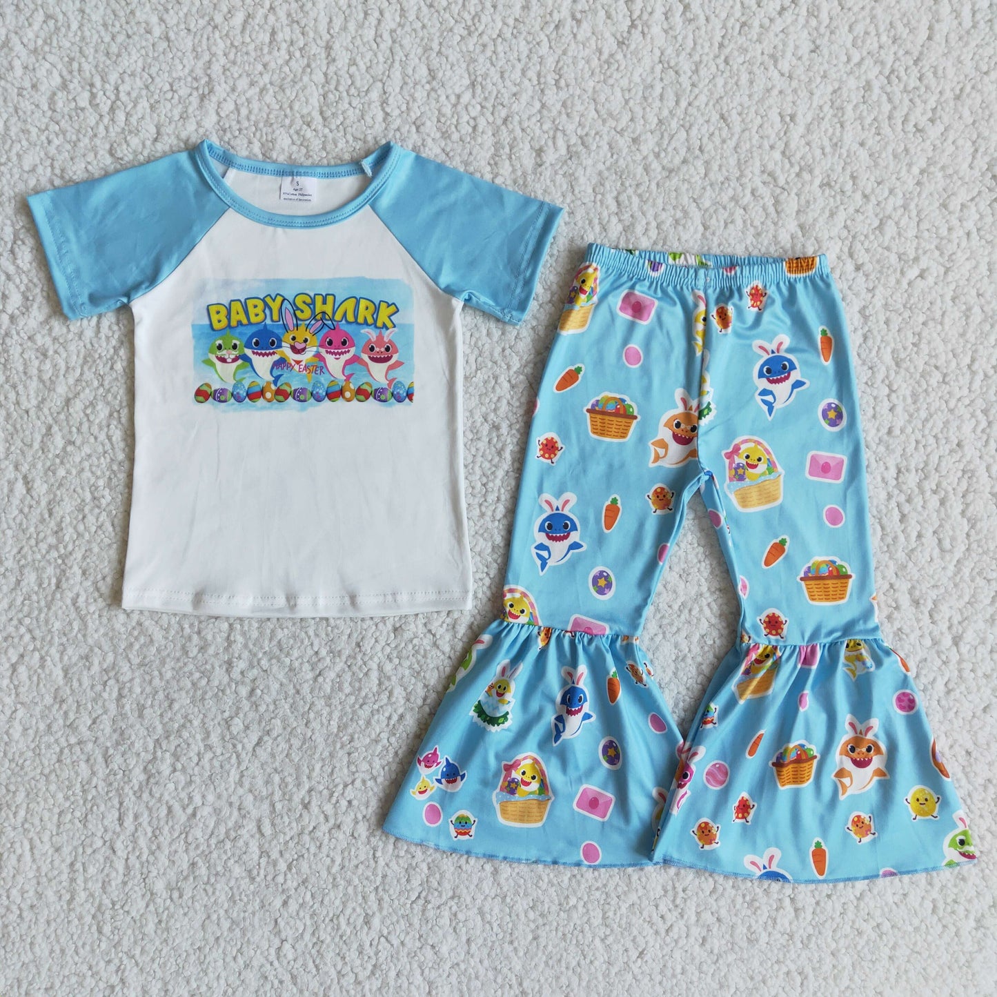 Girls Easter Shark Outfits Short Sleeves Blue Pants