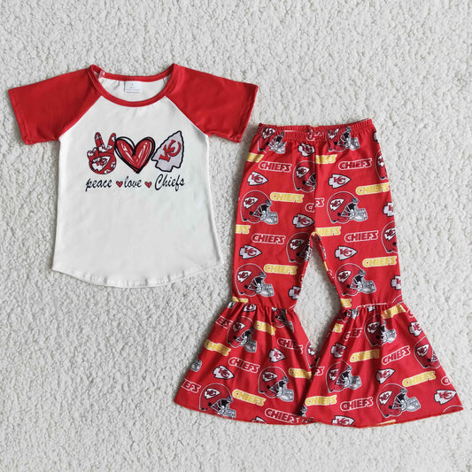 Girls Peace Love Chiefs Outfits Short Sleeves Red Pants