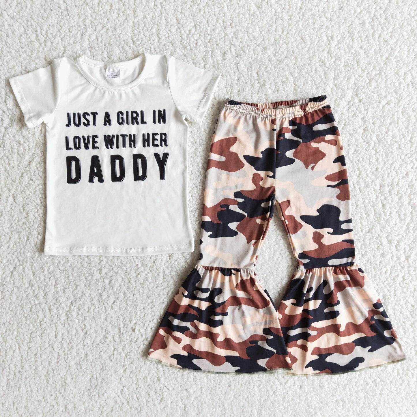 Girls Love Daddy Outfits Short Sleeves Bell Bottom Camo Pants