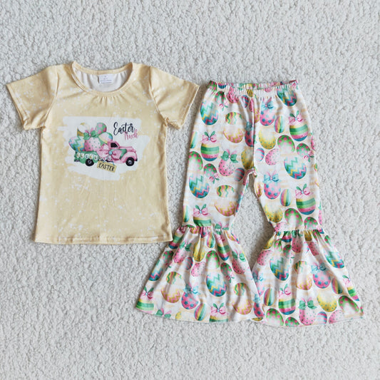 Girls Easter Egg Outfits Short Sleeves Bell Bottom Pants