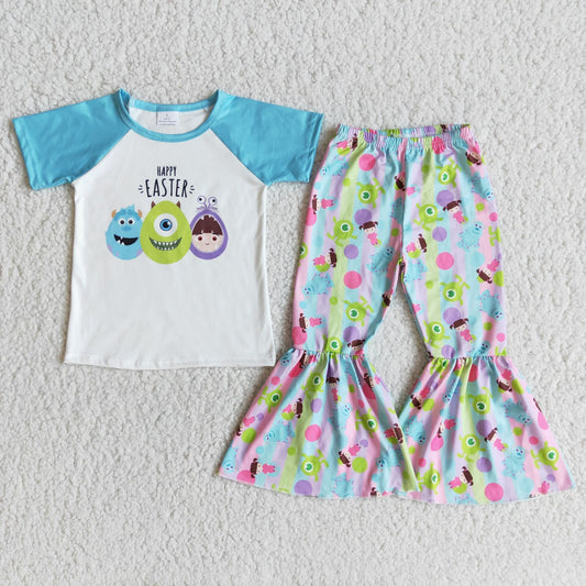 Girls Happy Easter Outfits Short Sleeves Cartoon Pants