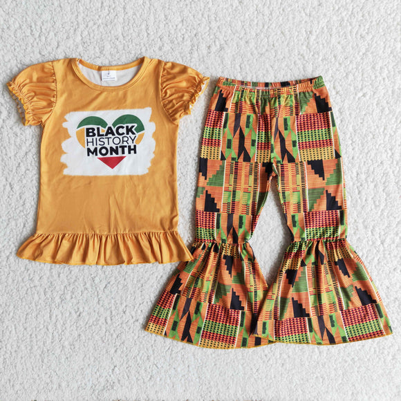 Girls Black History Month Outfits Short Sleeves Bell Bottom Pants