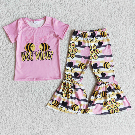 Girls Bee Mine Outfits Short Sleeves Bell Bottom Pants Pink