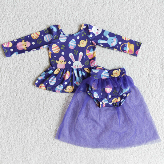 Girls Easter Bunny Long Sleeves Bummies Tulle Skirt Purple