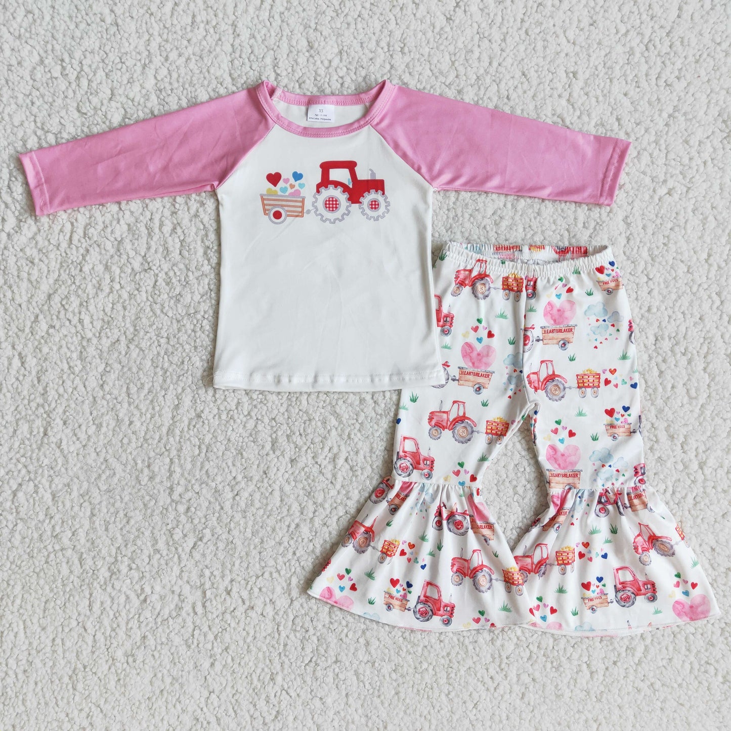 Girls Valentine Tractor Outfits Long Sleeves Pink Pants