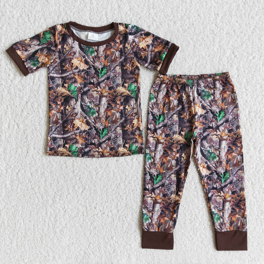 Boys Brown Leaves Pajamas Short Sleeves Joggers