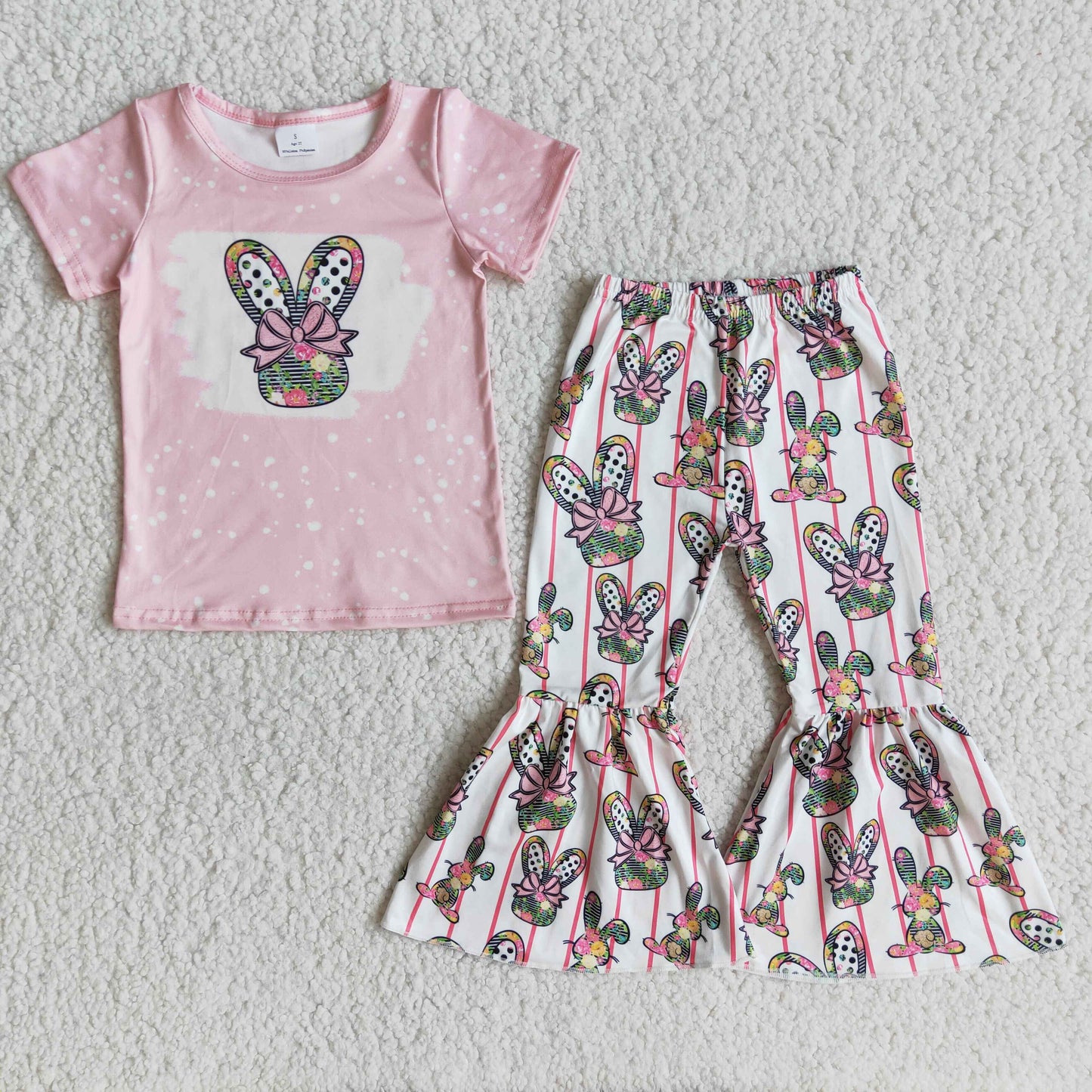 Girls Easter Bunny Pink Outfits Short Sleeves Stripe Pants