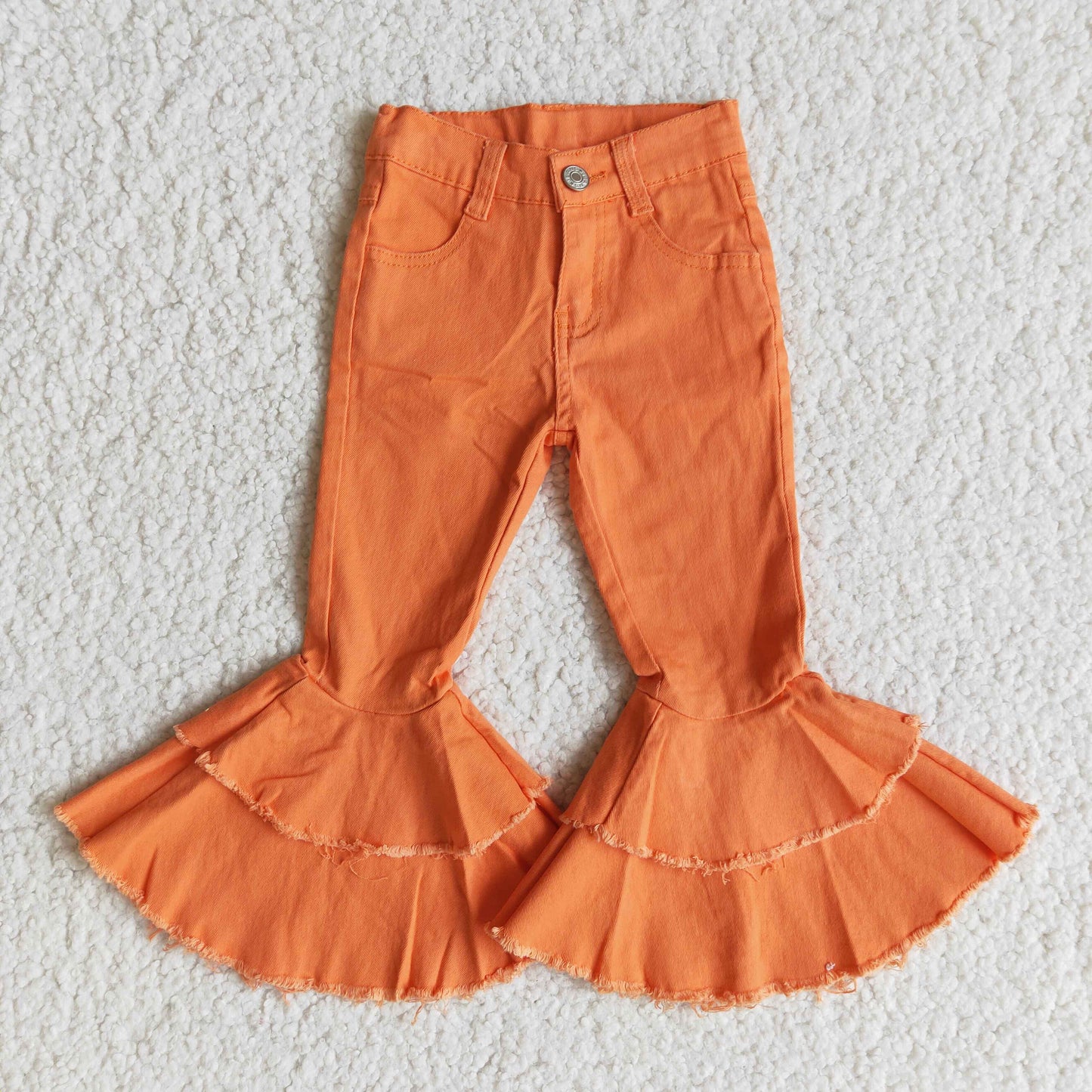 Girls Orange Ruffled Jeans Bell Bottom Pants