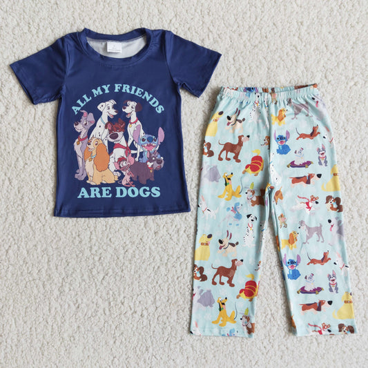 Boys All My Friends Are Dogs Outfits Short Sleeves Blue Pants