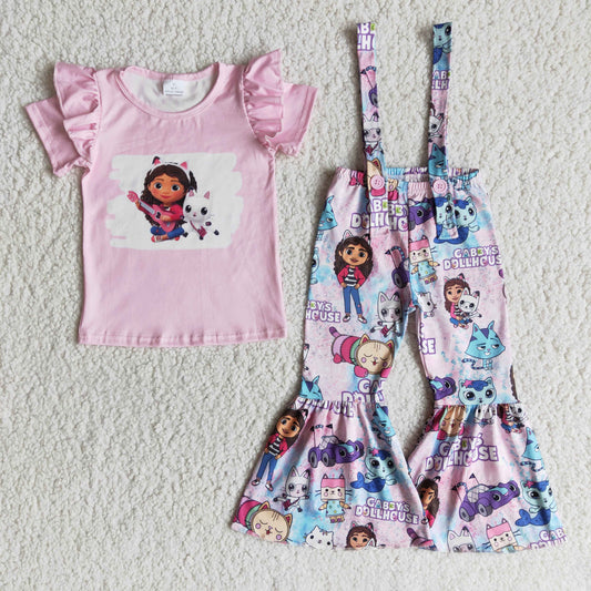 Girls Cartoon Pink Outfits Short Sleeves Overalls