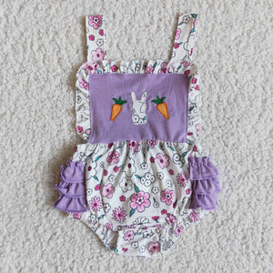 Girls Embroidery Easter Bunny Rompers Sleeveless