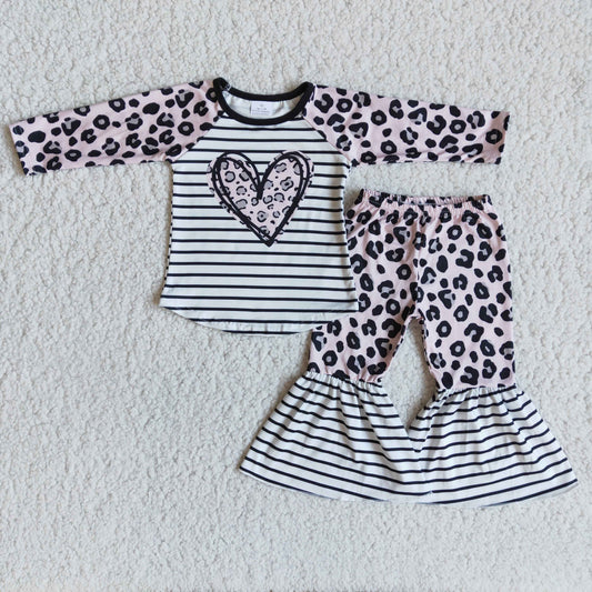 Girls Valentine's Day Leopard Stripe Outfits Long Sleeves