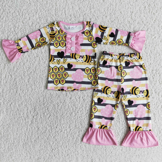 Girls Bee Stripe Pajamas Long Sleeves Ruffle Pants