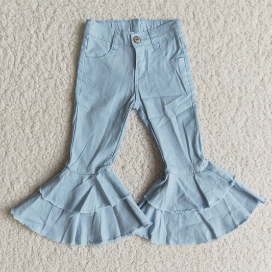 Girls Sky Blue Ruffled Jeans Bell Bottom Pants