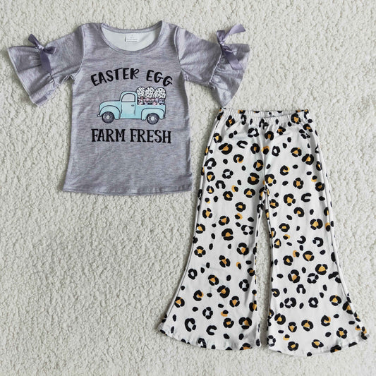 Girls Easter Egg Farm Fresh Gray Outfits Short Sleeves Leopard Pants