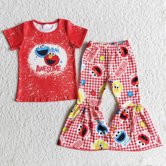 Girls Awesome Red Outfits Short Sleeves Bell Bottom Pants