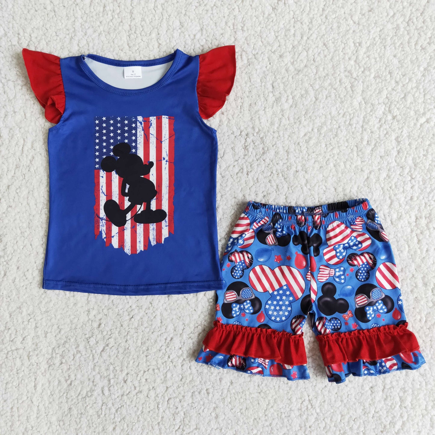 Girls USA Flag Blue Outfits Flutter Sleeves Shorts