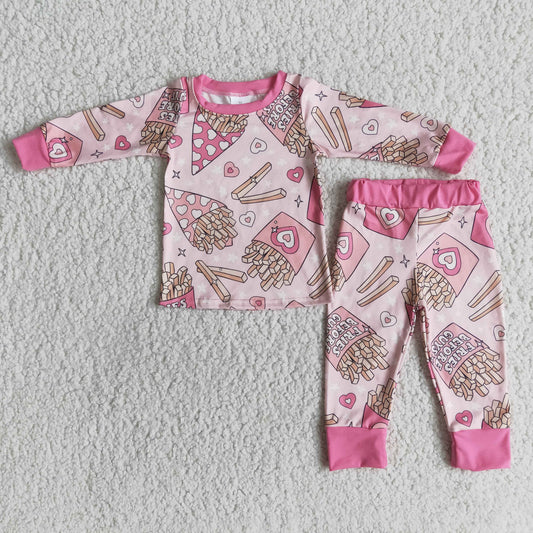 Girls Valentine's Day Chips Pajamas Long Sleeves Pink Joggers