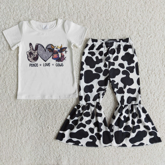 Girls Peace Love Cows Outfits Short Sleeves Bell Bottom Pants