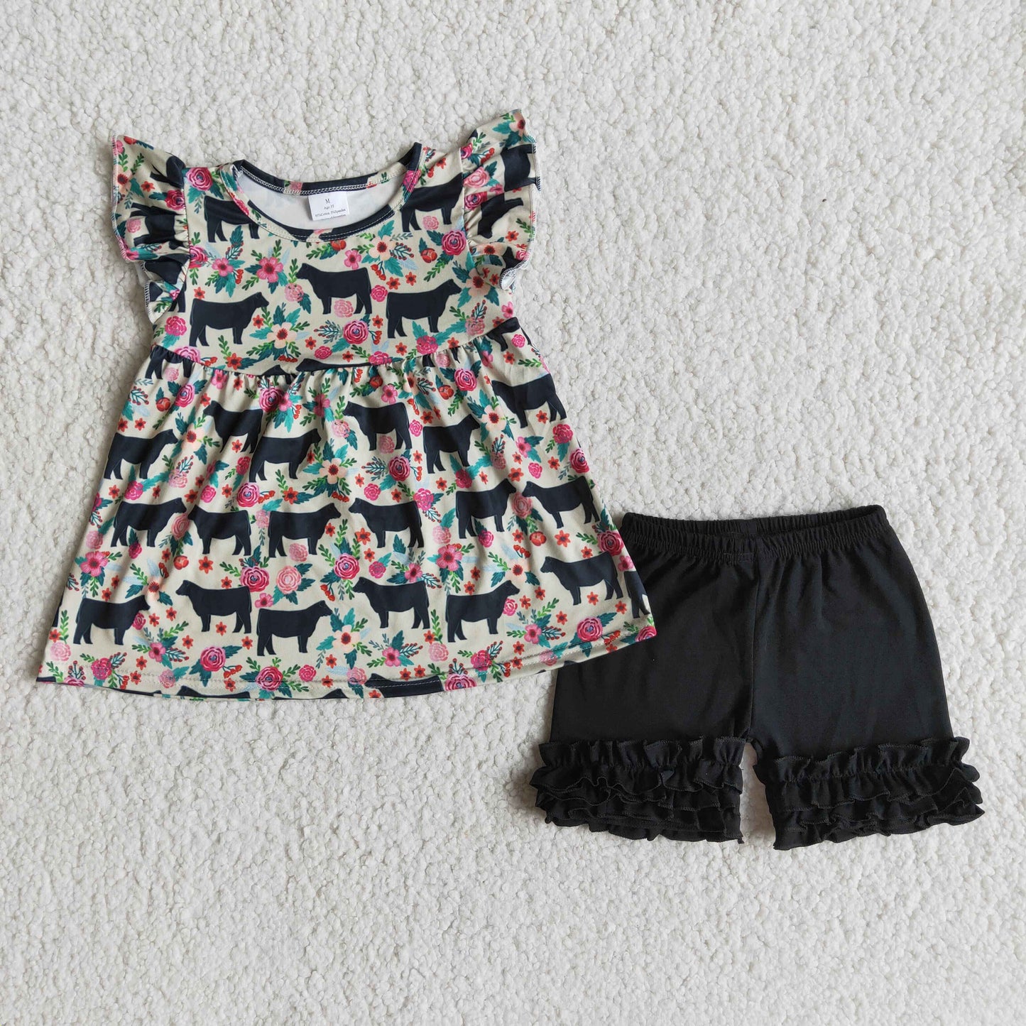 Girls Cow Floral Outfits Flutter Sleeves Black Shorts