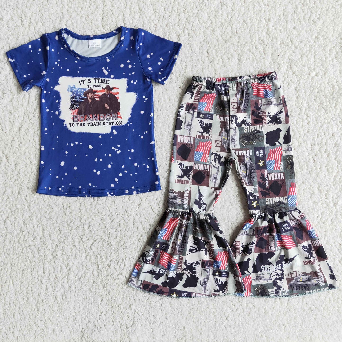 Girls Brandon Blue Outfits Short Sleeves Bell Bottom Pants