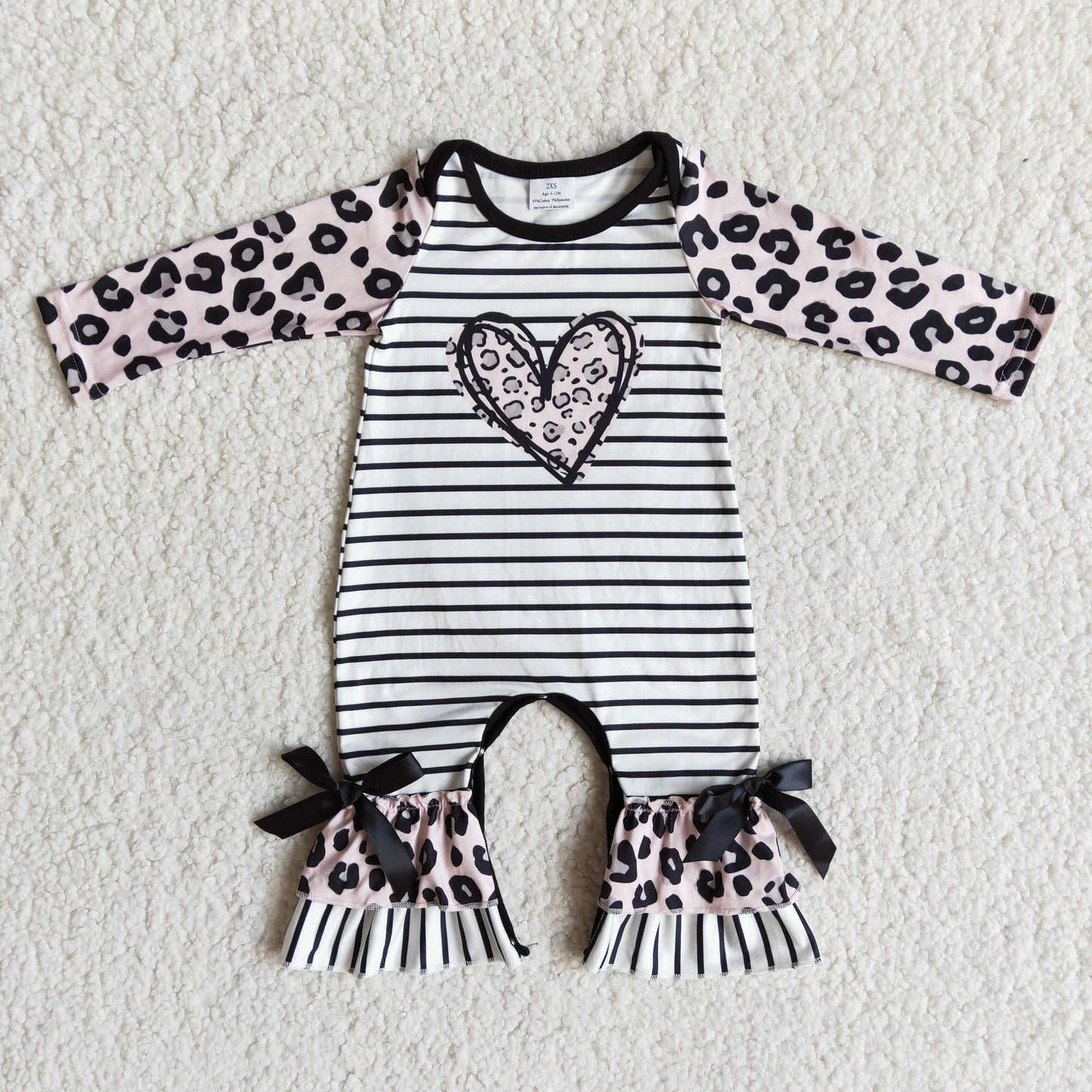 Girls Valentine's Day Leopard Stripe Rompers Long Sleeves