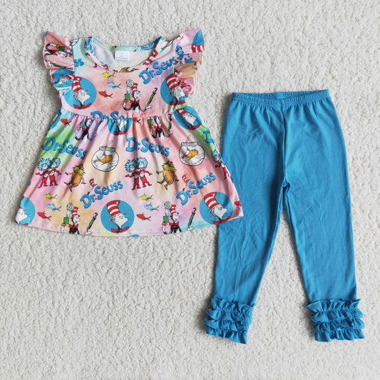 Girls Reading Outfits Flutter Sleeves Blue Pants