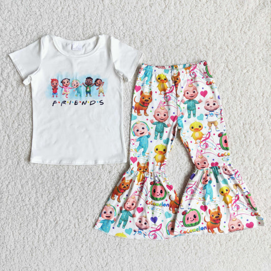 Girls Cartoon Friends Outfits Short Sleeves Bell Bottom Pants