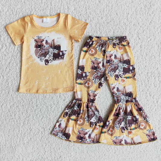 Girls Cow Yellow Outfits Short Sleeves Bell Bottom Pants