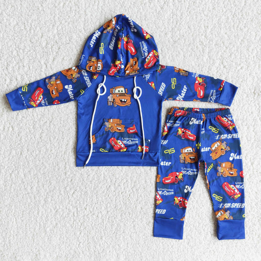 Boys Cartoon Toy Car Outfits Long Sleeves Hoodies Blue Joggers