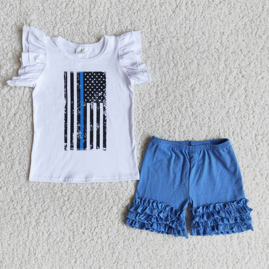 Girls Flag Outfits Short Sleeves Blue Shorts