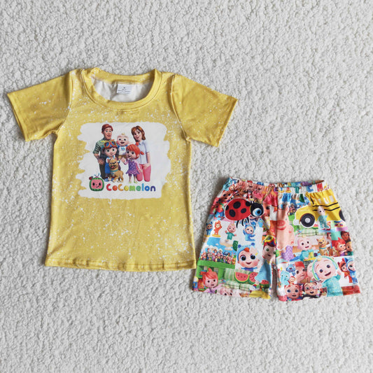 Boys Cartoon Yellow Outfits Short Sleeves Shorts