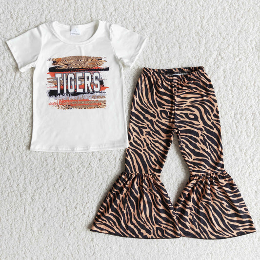 Girls Tigers Outfits Short Sleeves Bell Bottom Pants