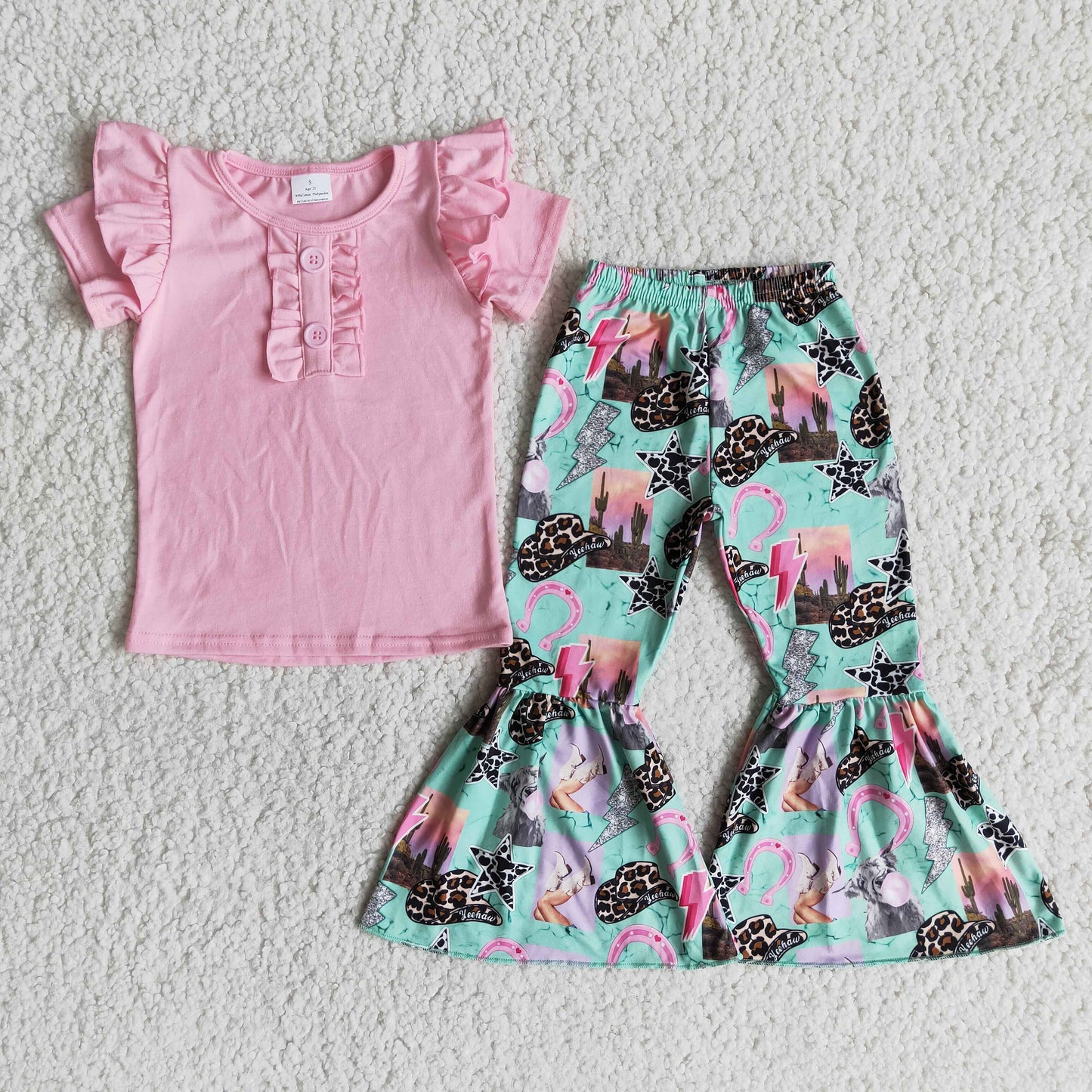 Girls Pink Outfits Short Sleeves Cowboys Bell Bottom Pants