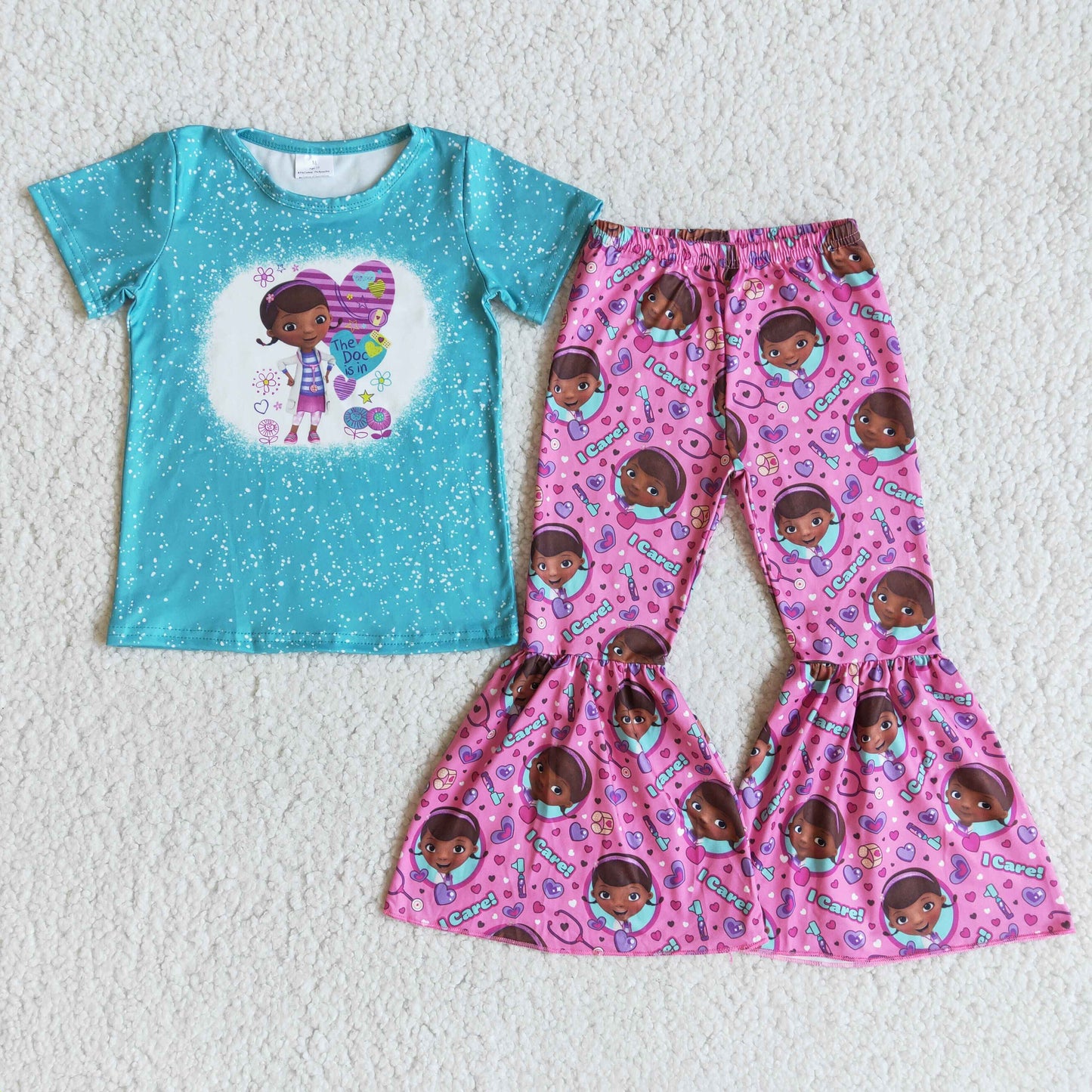 Girls Cartoon Outfits Short Sleeves Care Purple Pants