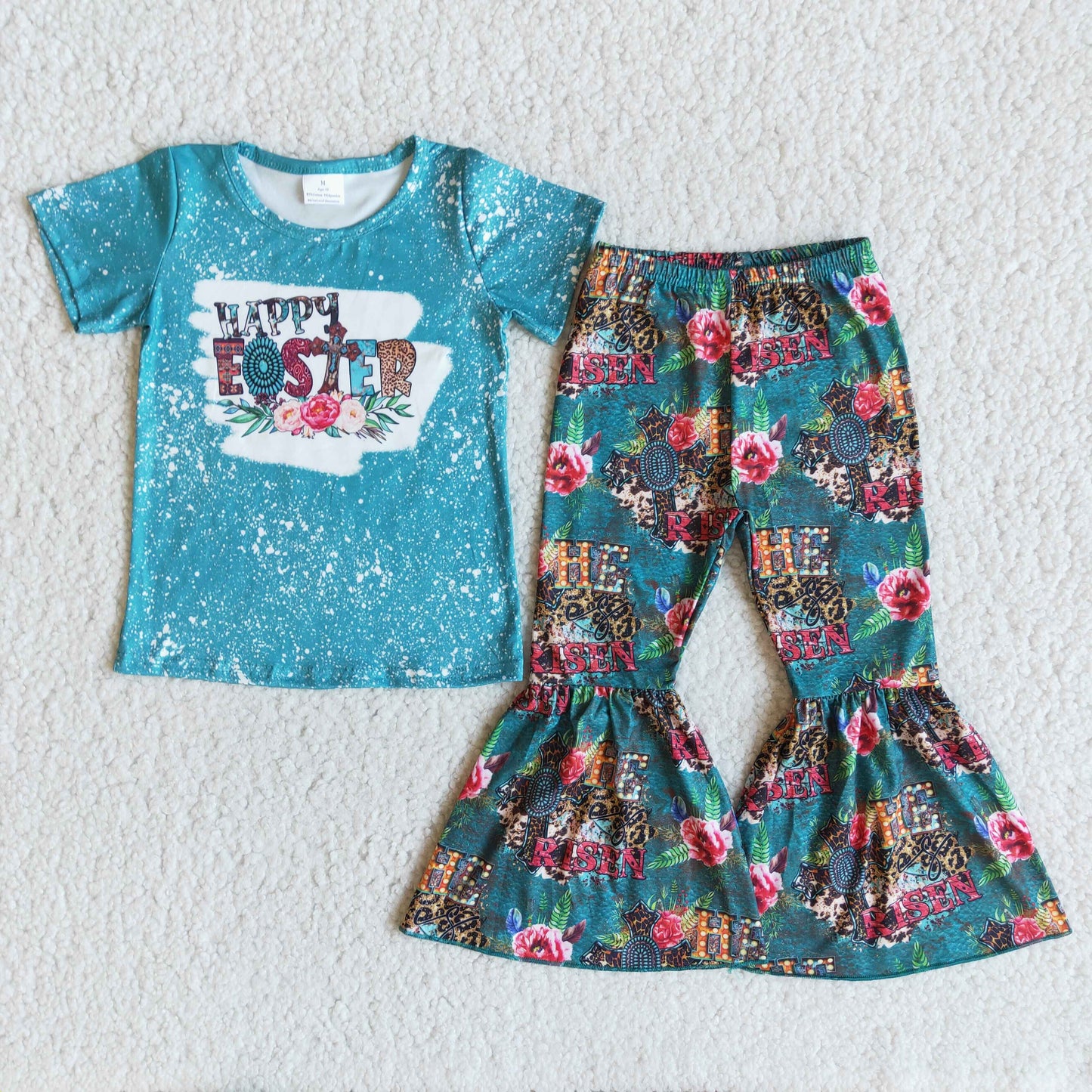 Girls Happy Easter Outfits Short Sleeves Bell Bottom Floral Pants