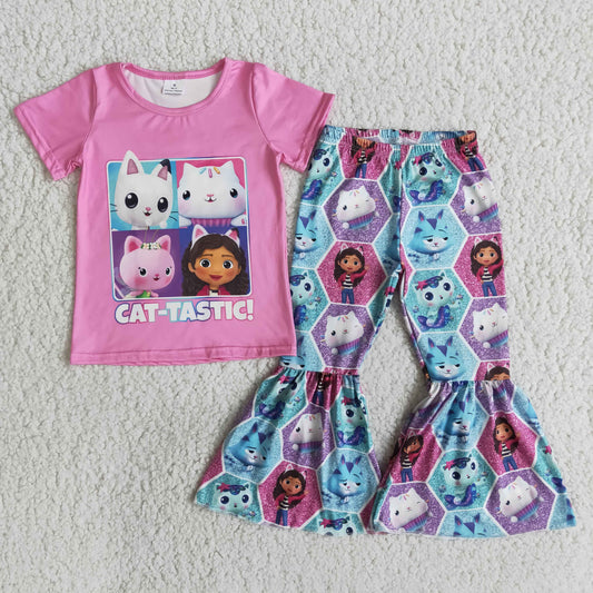 Girls Cat Tastic Outfits Short Sleeves Bell Bottom Pants