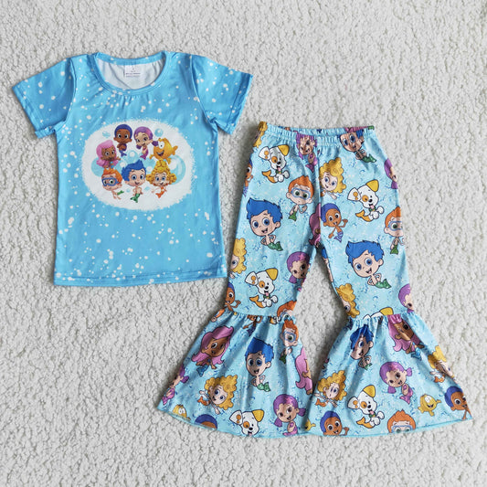 Girls Cartoon Blue Outfits Short Sleeves Bell Bottom Pants