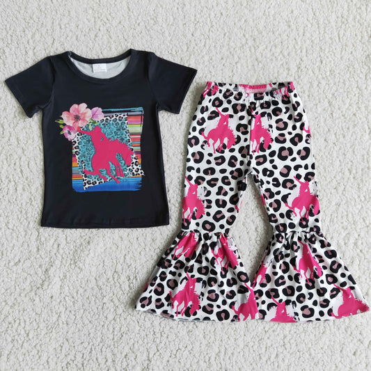 Girls Cowboys Outfits Short Sleeves Bell Bottom Leopard Pants